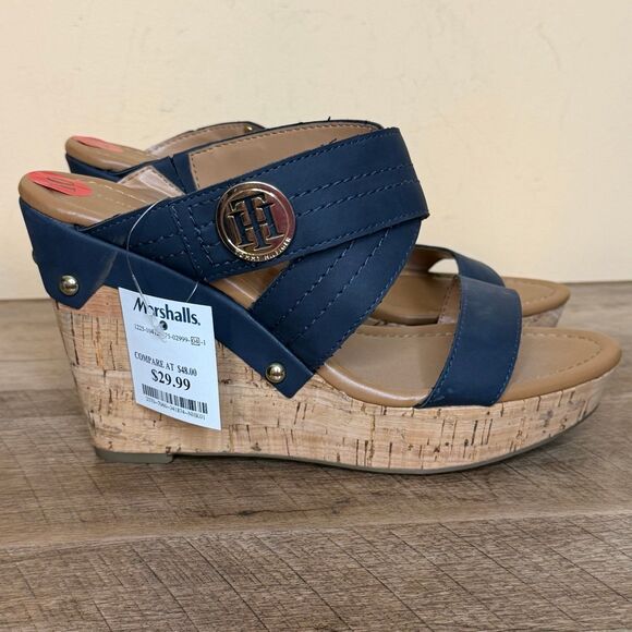 NWT Tommy Hilfiger Womens Leather Cork navy Wedge Sandals size 10 - Picture 1 of 8